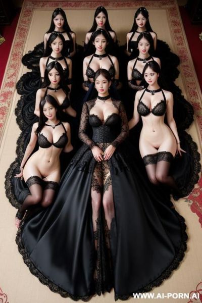 Qeen in black wedding dress, pet collar, monstrous, (((lace ))), lace black clothes, many women in orgy, hugging - ai-porn.ai on pornintellect.com