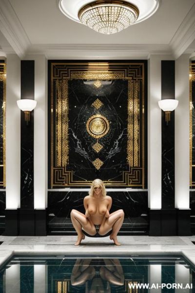 Blonde woman completely naked squatting and shooting water out of her crotch with legs spread with large breast - ai-porn.ai on pornintellect.com