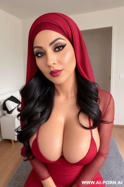 An arab woman in her thirties, wearing a head covering. she has fair skin, a curvy budy , boobs huge , and a large bottom. she has dark eyes. she is wearing a long, tight, red dress - ai-porn.ai on pornintellect.com