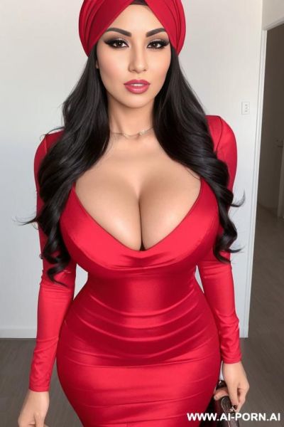 An arab woman in her thirties, wearing a head covering. she has fair skin, a full figure, large, firm breasts, and a large bottom. she has dark eyes. she is wearing a long, tight, red - ai-porn.ai on pornintellect.com
