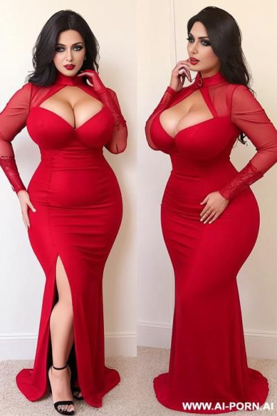 A b-wearing arab woman in her thirties. fair-skinned. curvy figure. very large, firm breasts. large buttocks. black eyes. long, tight-fitting red dress with full sleeves. high heels. heavy makeup. (full-length front view) - ai-porn.ai on pornintellect.com
