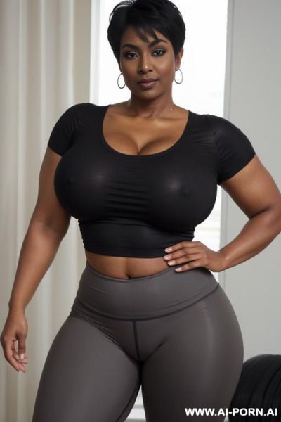 Sexy bimbo bangladesi mu bi milf, aged milf, matured milf, thot, really dark black skin, deep dark black skin color, ultra thicc, bulked up thighs, tight shirt, extremely gigantic boobs, perfect eyes - ai-porn.ai on pornintellect.com