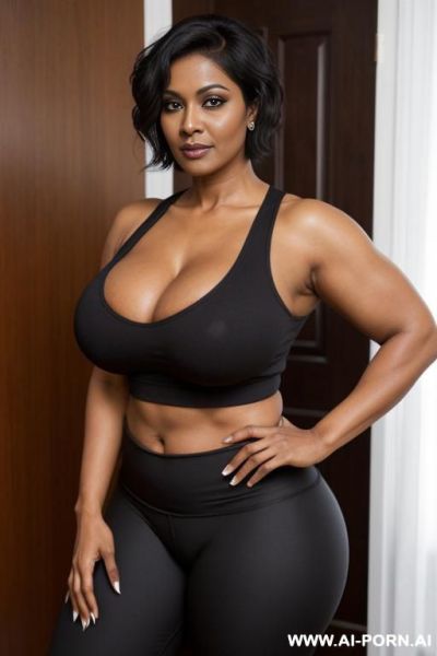 Sexy bimbo bangladesi milf, aged milf, matured milf, thot, really dark black skin, deep dark black skin color, ultra thicc, bulked up thighs, tight shirt, extremely gigantic boobs, perfect eyes - ai-porn.ai on pornintellect.com