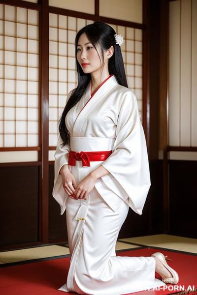 White kimono and red dress , kneeling in temple - ai-porn.ai on pornintellect.com