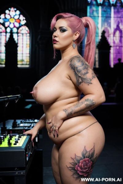Obese latina in church totally named wearing vanity platform stripper sandals, wearing black lipstick and black eyeliner with arms in the air worshiping ontop of the holy communion table posing sexualy next to stripper pole totally naked full side view - ai-porn.ai on pornintellect.com