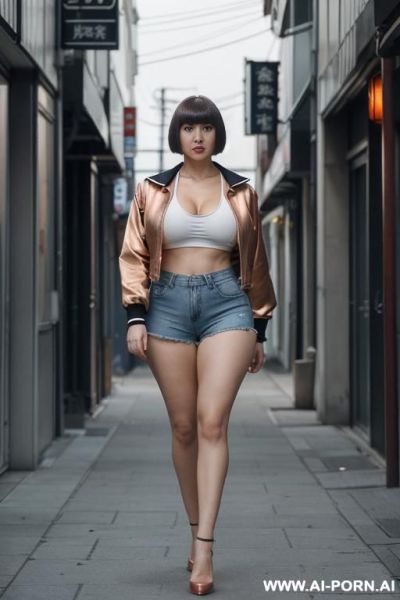 Hentai woman , ((bobcut whith bangs)), ((gigantic low hanging saggy breasts)), ((hour-glass figure)), slutty, ((white pallid skin)), ((full body view)), ((details face)), ((walking in city street oof)), rock woman ((shorts sport)) - ai-porn.ai on pornintellect.com