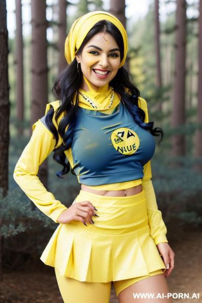 Hot face, brown skin, extreme wide hips, very wide hips, extreme wide hips, black nipples, nude, naked, ((full body shot)), pine and birch forest next to a lake, (((arabic head scarf))), (((((((blue and yellow outfit)))))) - ai-porn.ai on pornintellect.com