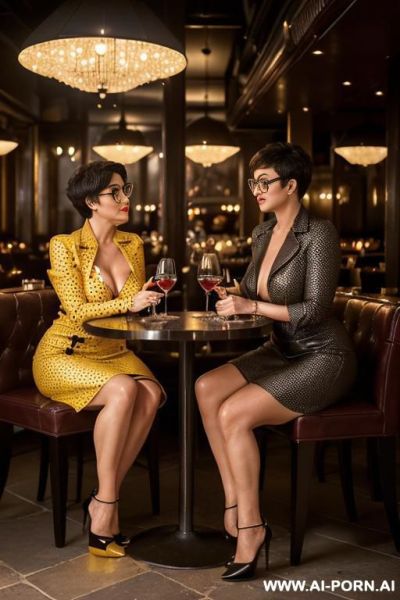(hot milf) (brunette) (huge boobs) (glasses) (high heels) ((short hair) (tight yelow dotted pencile dress) (full body shot) (show me head to toe whole body) - ai-porn.ai on pornintellect.com
