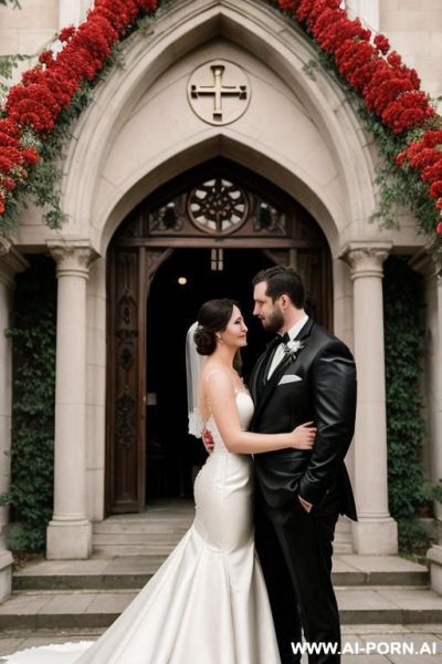Wedding picture of 5 woman and 30 year old man. she is massive, fat and tall has beautiful large boobs, wears a leather wedding dress. he is tall, almost bald and wears a leather tuxedo. they are in front of an old large church in midst of large red roses - ai-porn.ai on pornintellect.com