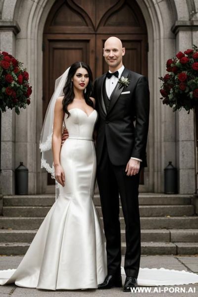 Wedding picture of 5 woman and 30 year old man. she is massive and tall, wears a leather wedding dress. he is tall, almost bald and wears a leather tuxedo. they are in front of an old large church in midst of large red roses - ai-porn.ai on pornintellect.com