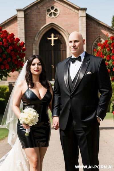 Couple as guests at a wedding. 5 woman and 30 year old man. she is massive, fat and tall has beautiful large boobs, wears a leather dress. he is tall, , almost bald and wears a - ai-porn.ai on pornintellect.com
