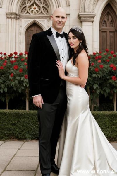 Wedding picture of 5 woman and 30 year old man. she is massive, fat and tall has beautiful large boobs, wears a leather wedding dress. he is tall, almost bald and wears a leather tuxedo. - ai-porn.ai on pornintellect.com