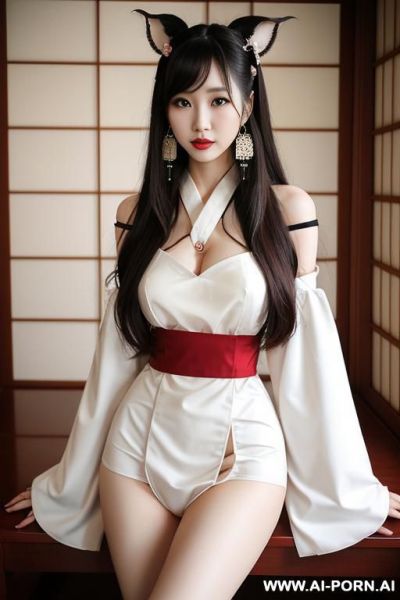 , 1woman, floppy ears, very long hair, long hair, hair ornament, large breasts, thighs, japanese clothes, japanese clothes, bare shoulders, detached sleeves, wide sleeves, earrings, traditional clothes - ai-porn.ai - Japan on pornintellect.com