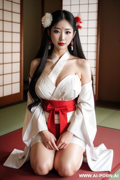 White kimono and red skirt, very long hair, long hair, hair ornament, large breasts, thighs, japanese clothes, japanese clothes, bare shoulders, detached sleeves, wide sleeves, earrings, traditional , kneeling in temple - ai-porn.ai - Japan on pornintellect.com