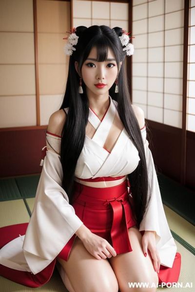 White kimono and red bottom, very long hair, long hair, hair ornament, large breasts, thighs, japanese clothes, japanese clothes, bare shoulders, detached sleeves, wide sleeves, earrings, traditional , kneeling in temple - ai-porn.ai - Japan on pornintellect.com