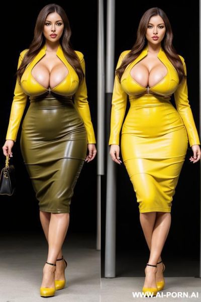 (photo realistic), (beautiful milf) (brunette) (huge boobs) (high heels) (tight yellow leather pencil dress) (full body shot) (show me head to toe whole body) - ai-porn.ai on pornintellect.com