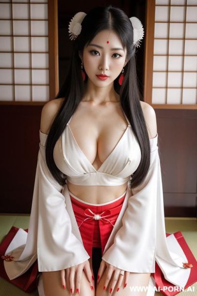 White kimono and red bottom, very long hair, long hair, hair ornament, large breasts, thighs, japanese clothes, japanese clothes, bare shoulders, detached sleeves, wide sleeves, earrings, traditional , kneeling in temple - ai-porn.ai - Japan on pornintellect.com