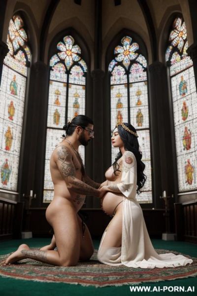 One pregnant totally naked arabic women kneeling embraced by latino man with glasses, keep man in picture, clean picture - ai-porn.ai on pornintellect.com