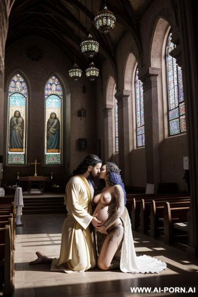 Three pregnant totally naked women kneeling by man, keep man in picture - ai-porn.ai on pornintellect.com