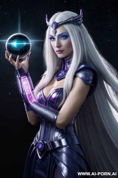 Space wizard, looking at viewer, (eye contact), front view, finely detail, majestic view, ultra detailed face, highly detailed skin, highly detailed hands, tall athletic body, ((white colored shiny - ai-porn.ai on pornintellect.com