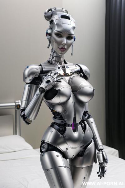 ((realistic very detailed total robotic meccanics body, beautiful cyborg robot woman)),(( to quattro k quality)) ( plastic-metallic meccanics big boobs total skin latex white) natural face, completely made of metal skin with long legs with boots. - ai-porn.ai on pornintellect.com