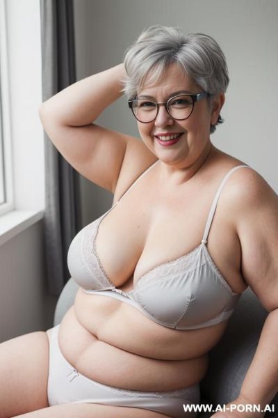 5 year old woman with short grey hair and thick glasses, obese. wearing white cotton panties - ai-porn.ai on pornintellect.com