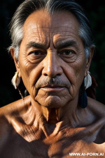 Photo realistic, native american, portrait of an old man. heavily side lit, lots of shw. lots of contrast. deeply lined skin. deep set eyes. - ai-porn.ai - Usa on pornintellect.com