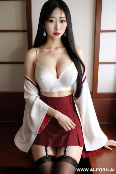 White kimono and red bottom, very long hair, long hair, hair ornament, large breasts, thighs, japanese clothes, japanese clothes, bare shoulders, detached sleeves, wide sleeves, earrings, traditionally - ai-porn.ai - Japan on pornintellect.com