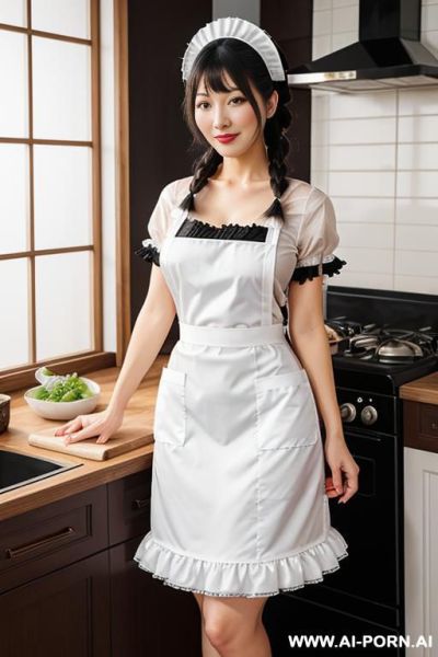 Maid outfit, standing, cooking on kitchen, white frilly apron, black long hair, half up braid, holding usil, pot, - ai-porn.ai on pornintellect.com