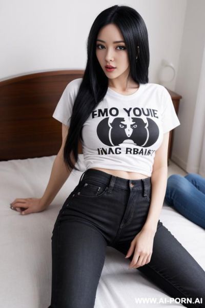 Black hair, long hair, anime, breasts, t-shirt, jeans hotpants, lie on stomach, shaking ass - ai-porn.ai on pornintellect.com