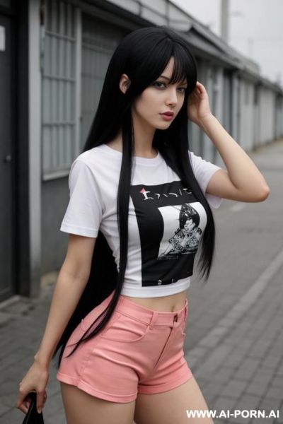 Black hair, long hair, anime, breasts, t-shirt, hotpants, russia - ai-porn.ai on pornintellect.com