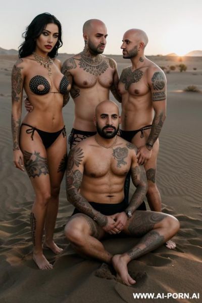 Bald latino man sitting on throne in the sand with three beautiful arabic goddess worshipping him in the sand - ai-porn.ai on pornintellect.com