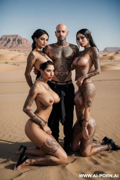 Three arabic goddesses totally naked kneeling before their man, bald latino man, keep man in picture, holy temple - ai-porn.ai on pornintellect.com