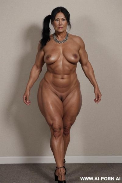 Totally naked, totally nude, naked, nude, no clothes, body, arms, narrow waist, saggy tits, ((wide hips)), big ass, round ass, thick thighs, ((muscular legs)), full body view, high heels, hip chain, - ai-porn.ai on pornintellect.com
