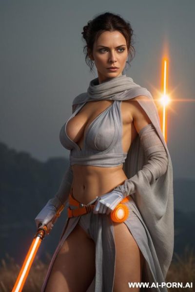 Jedi woman, finely detail, ultra detailed face, highly detailed skin, highly detailed hands, ((naked breasts)), looking at viewer, (eye contact), light blue eyes, short black hairs, athletic figure, - ai-porn.ai on pornintellect.com