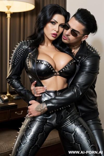((((persian rap milf kissing a muscular punk man on the lips)))) with ((((((gigantic tits)))))) and (((long hair))), (makeup) , (((tight spiked black python print leather jacket))) (((tight spiked - ai-porn.ai - Iran on pornintellect.com