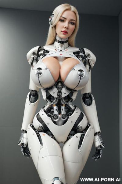 ((realistic very detailed robotic body, beautiful cyborg robot woman)),(( to four k quality)) ( artificial big boobs total covered only latex skin white) natural face, completely made of latex white skin with long legs with boots. - ai-porn.ai on pornintellect.com