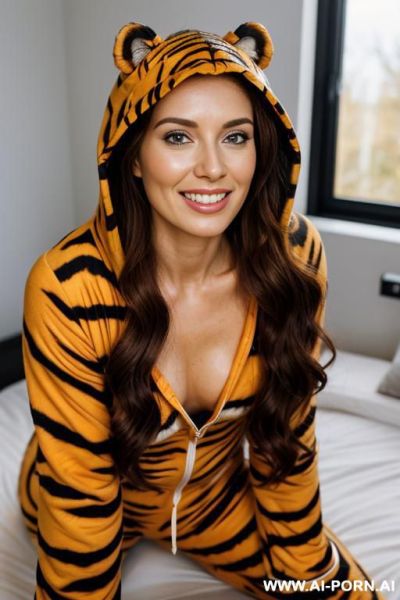 Beautiful woman, pretty face, make up free, long wavy hair, wearing a tiger onesie whith hood, second skin onesie, bottom view, - ai-porn.ai on pornintellect.com