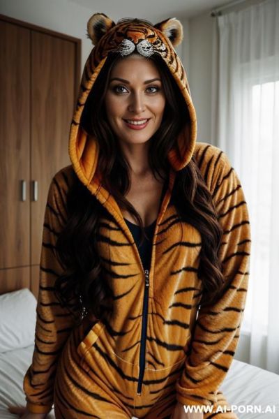 Beautiful woman, pretty face, make up free, long wavy hair, wearing a tiger onesie whith hood, second skin onesie, holding a pilow, - ai-porn.ai on pornintellect.com