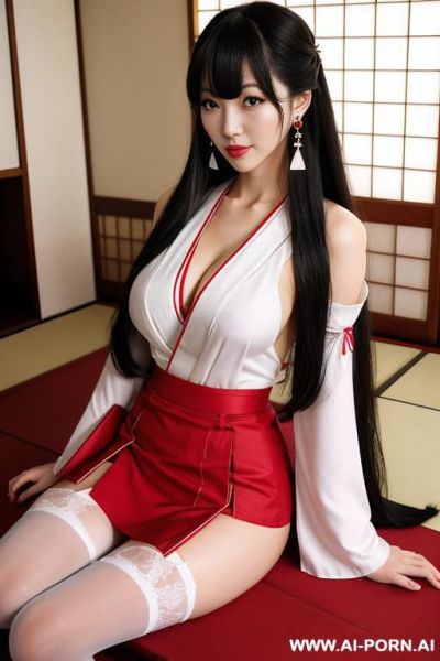 White kimono and red bottom, very long hair, long hair, hair ornament, large breasts, thighs, japanese clothes, japanese clothes, bare shoulders, detached sleeves, wide sleeves, earrings, traditionally - ai-porn.ai - Japan on pornintellect.com