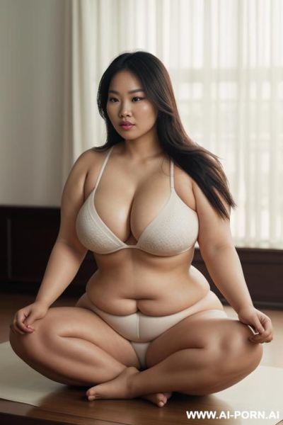 A beautiful obese buxom asian woman in an elegant tabletop yoga pose gy, graceful posture, calm facial expression, soft natural lighting, flowing hair, wearing stylish athletic wear, cinematic - ai-porn.ai on pornintellect.com