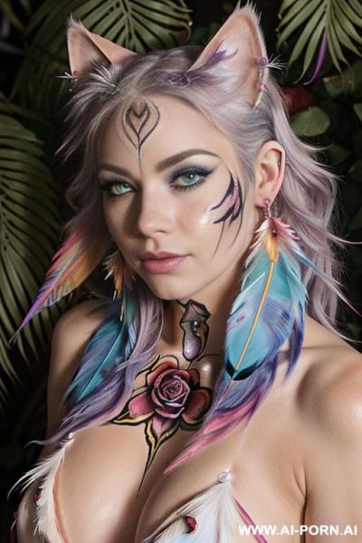Face, sexy, beautiful, ((face painting)), ((body painting)), ((bikini as seashell)), ((roses)), ((eyes shw)), ((angel wings)), ((rainbow hair)), ((glitter)), ((long bu hair)), ((heterochromia eyes)), ((wind)), - ai-porn.ai on pornintellect.com