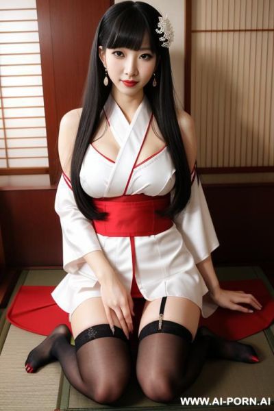 White kimono and red bottom, very long hair, long hair, hair ornament, large breasts, thighs, japanese clothes, japanese clothes, bare shoulders, detached sleeves, wide sleeves, earrings, traditionally - ai-porn.ai - Japan on pornintellect.com