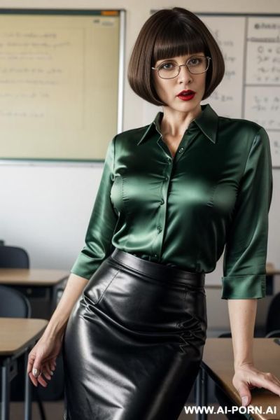 Irish, skin, mature teacher, bob hairstyle, pencil skirt, green satin blouse showing some cleavage, glasses, pursed lips, angry expression, strapon dildo - ai-porn.ai - Ireland on pornintellect.com