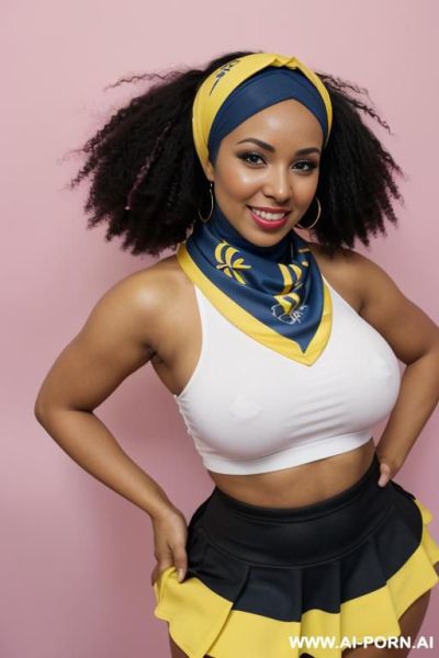 Busty horny bimbo, (((very wide hips))), gigantic boobs, ethiopian woman, curly black hair, black eyes, pin up look, big lips, big brown nipples and areolas, in photo studio, white background, ((blue and yellow outfit))), (((arabic head scarf))) - ai-porn.ai - Ethiopia on pornintellect.com