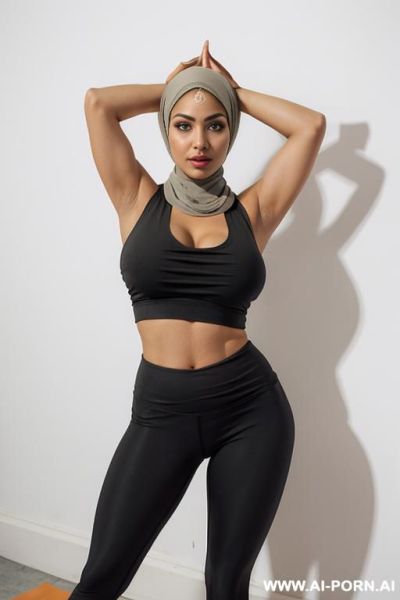 Busty horny bimbo, gigantic boobs, gigantic hips, pakistani woman, very wide hips, black eyes, pin up look, big lips, big brown nipples and areolas, in photo studio, white background, (((arabic head scarf))), full body shot, ((naked)) - ai-porn.ai - Pakistan on pornintellect.com