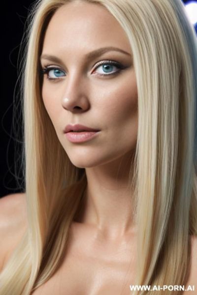 Blonde female scandinavian singer, long straight hair, blue eyes, insive light blue eyeshw, ((chubby arms)), strong arms, natural boobs, high cheeks, hairy pussy, makeup with blue eyeshw and rouge on the cheeks, singing on stage, arms up, topless - ai-porn.ai on pornintellect.com