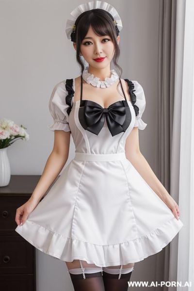 Maid dress, white frilled headpiece, white apron with bleck bow, black long-sleere dress, detachable white coller , black thigh high stockings (nylon) - ai-porn.ai on pornintellect.com