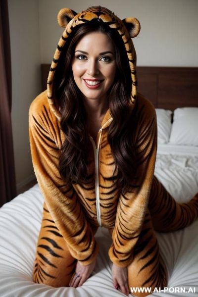 Beautiful woman, pretty face, make up free, long wavy hair, wearing a tiger onesie whith hood, tight second skin onesie, - ai-porn.ai on pornintellect.com