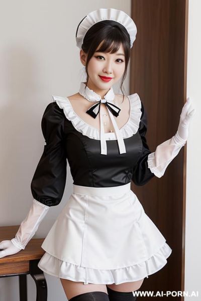 Maid cafe, maid uniform, white frilled headpiece, white apron with black bow, black long-sleeve dress, detachable white collar , black thigh high stockings (nylon) - ai-porn.ai on pornintellect.com